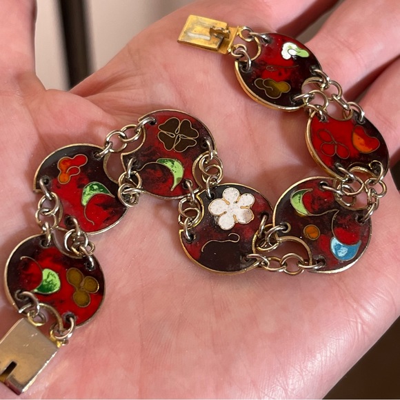 Vintage 60 70 Bohemian Red Enameled Double link made in Taiwan Mod MCM Bracelet - Picture 6 of 16